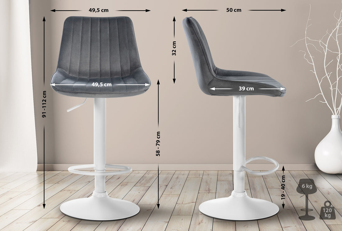 Barkruk Fluweel - Velvet Kruk - Ergonomisch Comfort, 360° Draaibaar - Metalen Onderstel Kleur donkergrijs