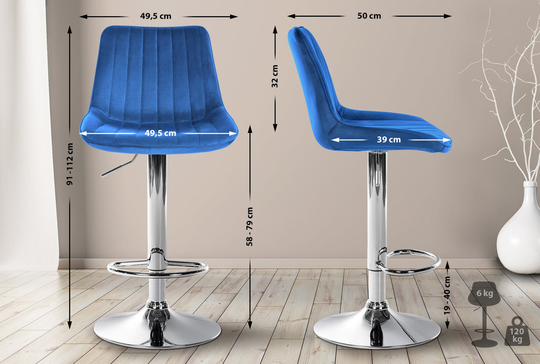 Fluwelen Barkruk - Velvet - Hoogte Verstelbaar Design, Comfortabele Rugleuning Kleur blauw