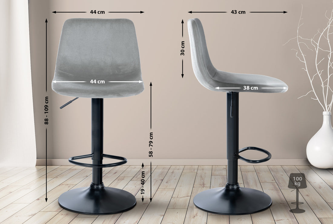 Barkruk Fluweel - Velvet Kruk - In Hoogte Verstelbaar en 360° Draaibaar Kleur grijs