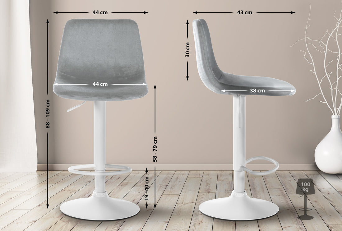 Fluwelen Barkruk - Velvet Stijl - Traploos Verstelbaar, Optimaal Comfort & 360° Draaibaar Kleur grijs