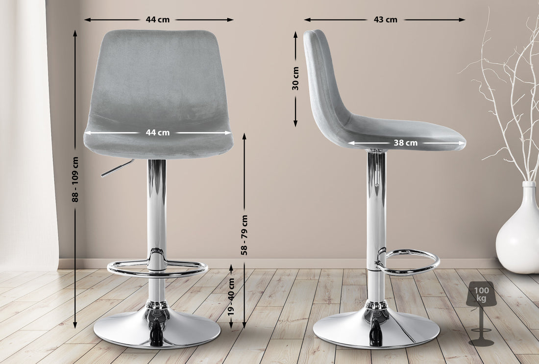 Moderne Fluwelen Barkruk - Luxe Kruk - 360° Draaibare Zitting & Hoogte Verstelbaar Kleur grijs