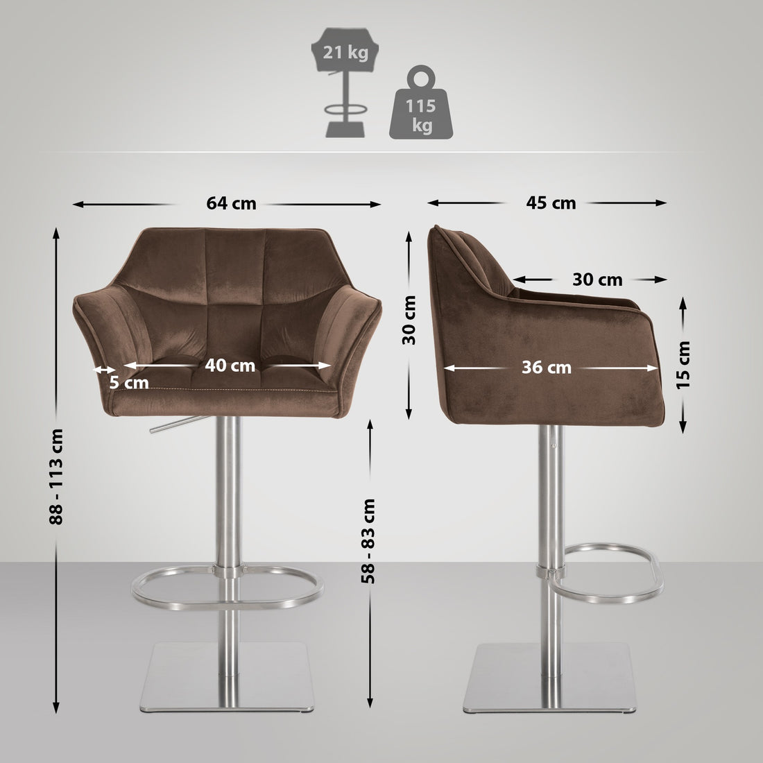 Barkruk Fluweel - Kruk - Verstelbare Hoogte & 360° Draaibaar - Stijlvol Design Kleur bruin