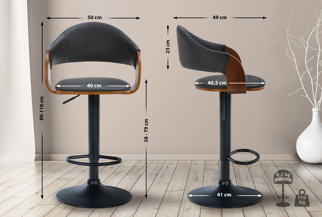 Barkruk, Kunstleren Stoel - In Hoogte Verstelbaar, 360° Draaibaar Comfort Kleur walnoot/zwart