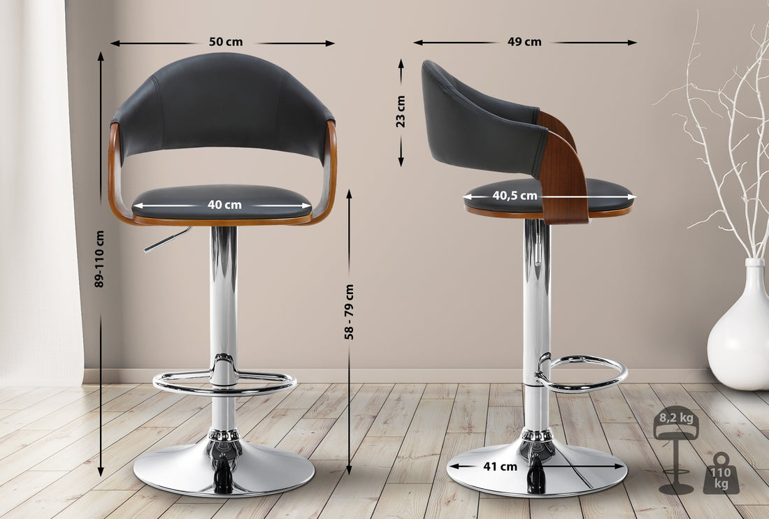 Barkruk Kunstleer - Houten Barkruk - In hoogte verstelbaar en 360° draaiend Kleur walnoot/zwart