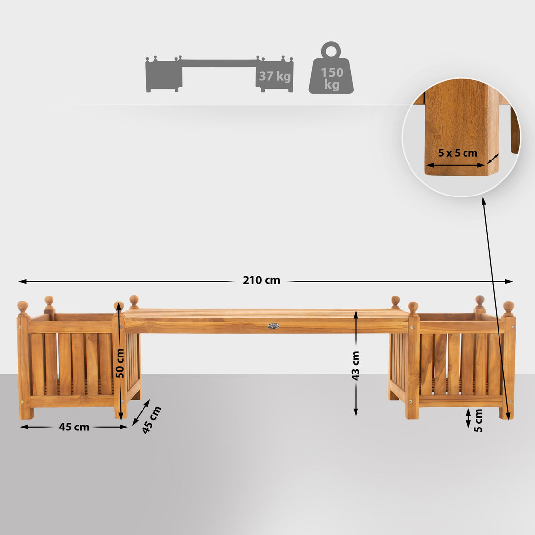 Teakbank Met Bloembakken - Tuinbank - Weerbestendig Design Kleur teak