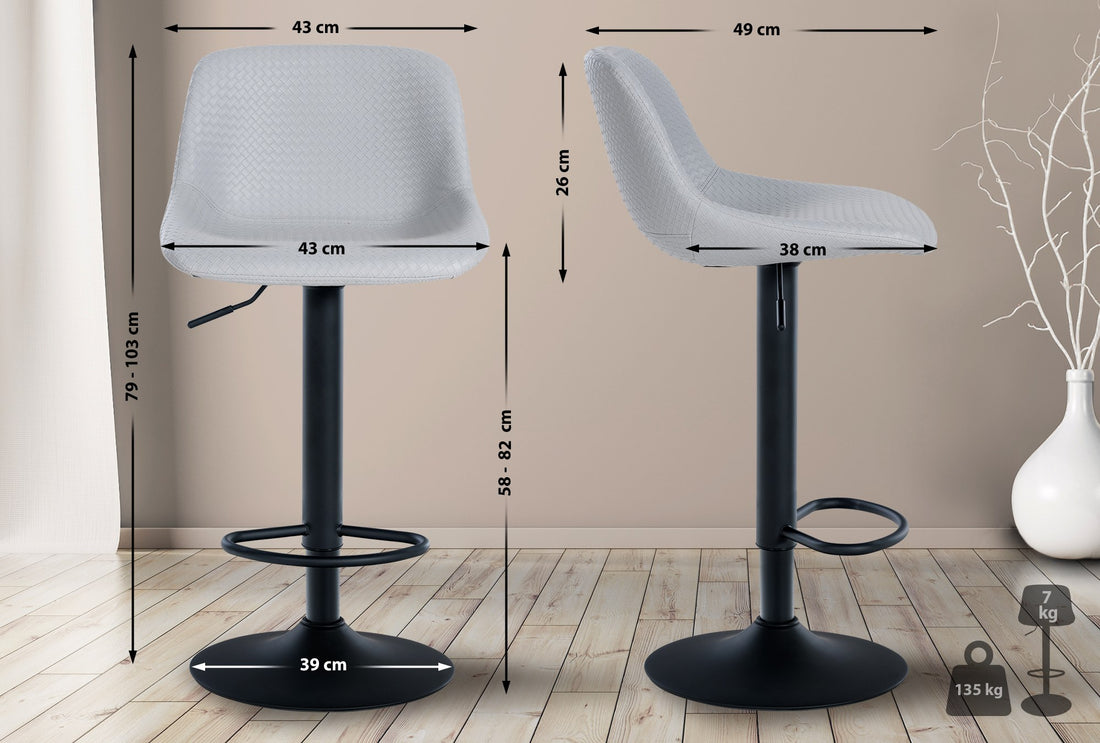 2-delige set Moderne Barkrukken - Luxe Krukken - 360° Draaiing, Verstelbare Hoogte Kleur grijs