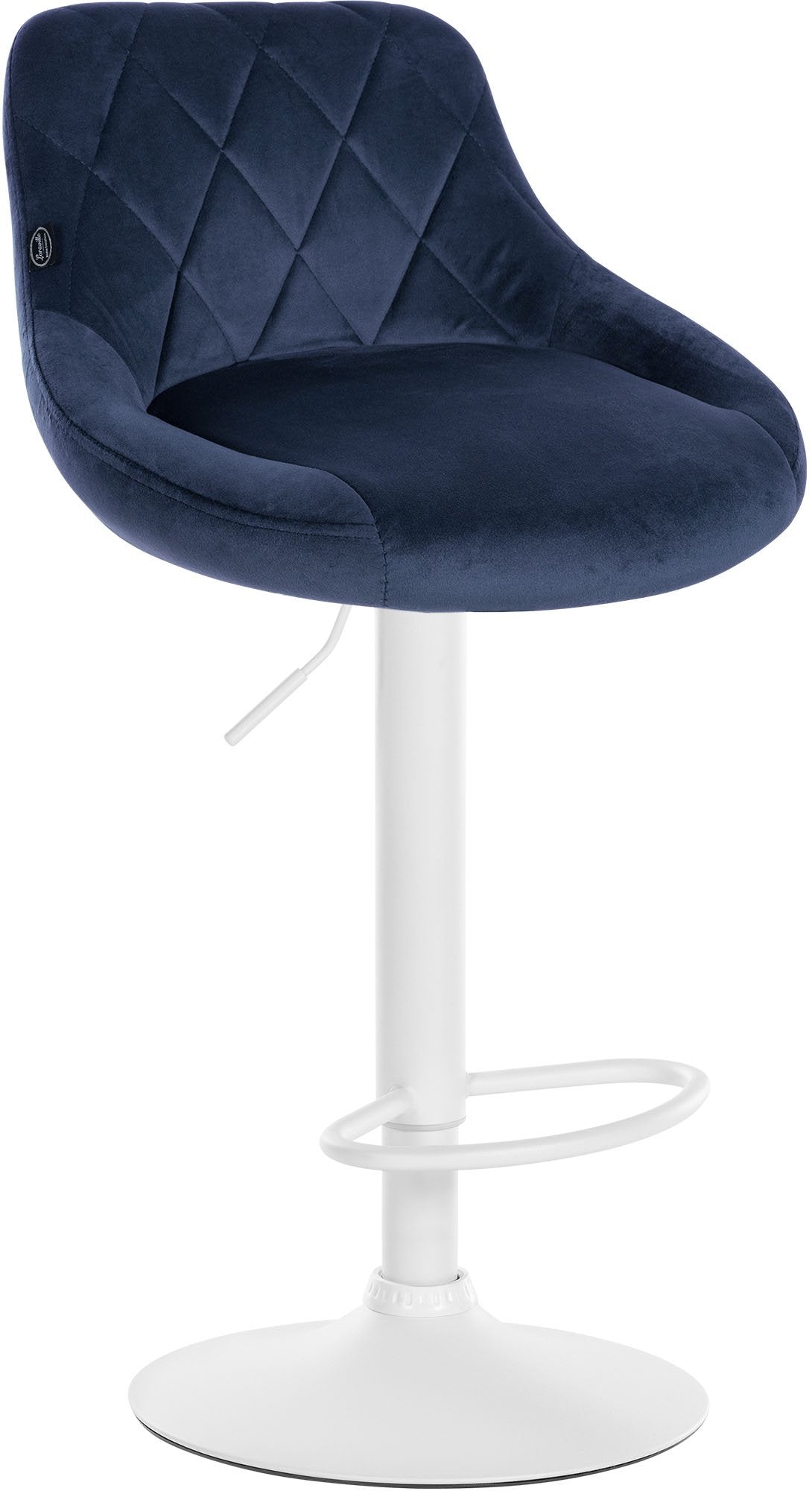 Fluwelen Barhocker - Elegante Kruk - 360° Draaibare Zitting met Gaslift en Voetensteun Kleur blauw Onderstel Kleur wit
