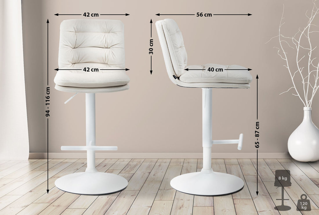 Barkruk Fluweelbekleding - Hocker - In Hoogte Verstelbaar en 360° Draaibaar Kleur crème