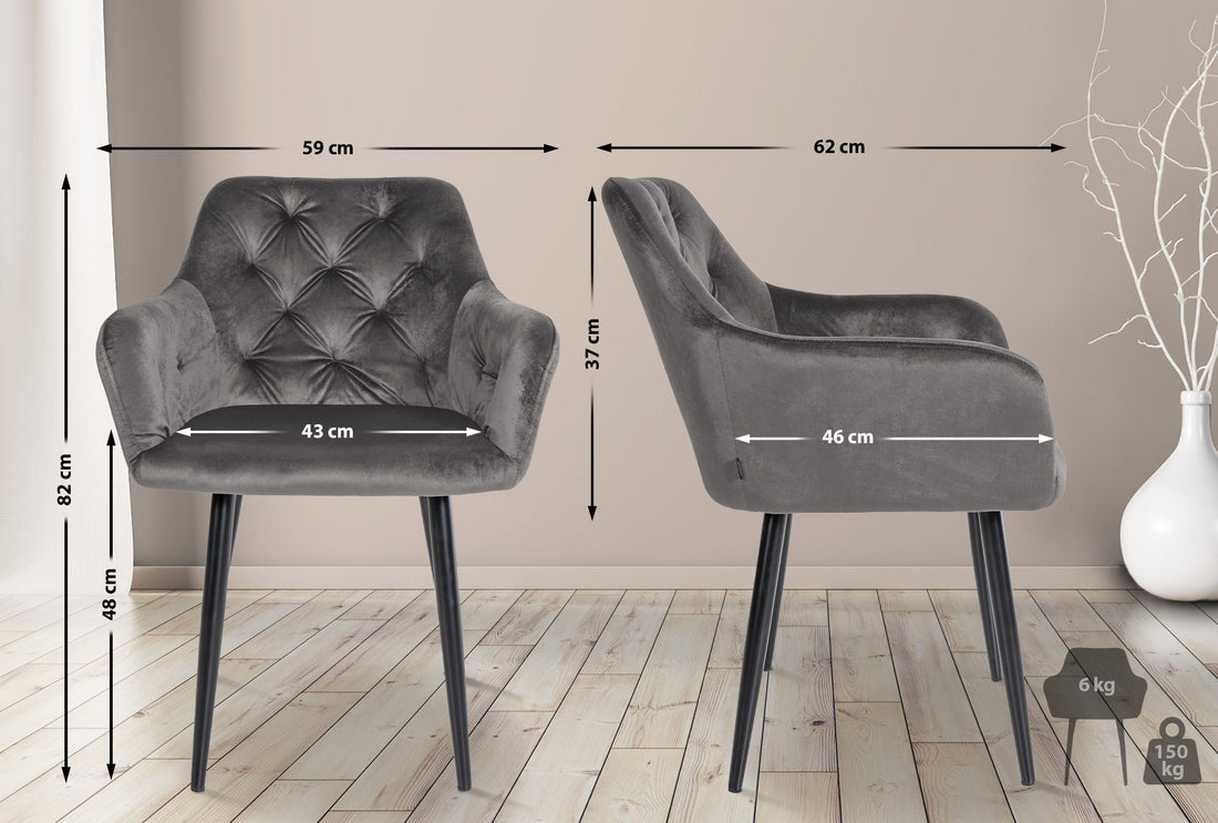 Set van 2 fluwelen eetkamerstoelen - Keukenstoelen - Comfortabele hoge rugleuning Kleur donkergrijs