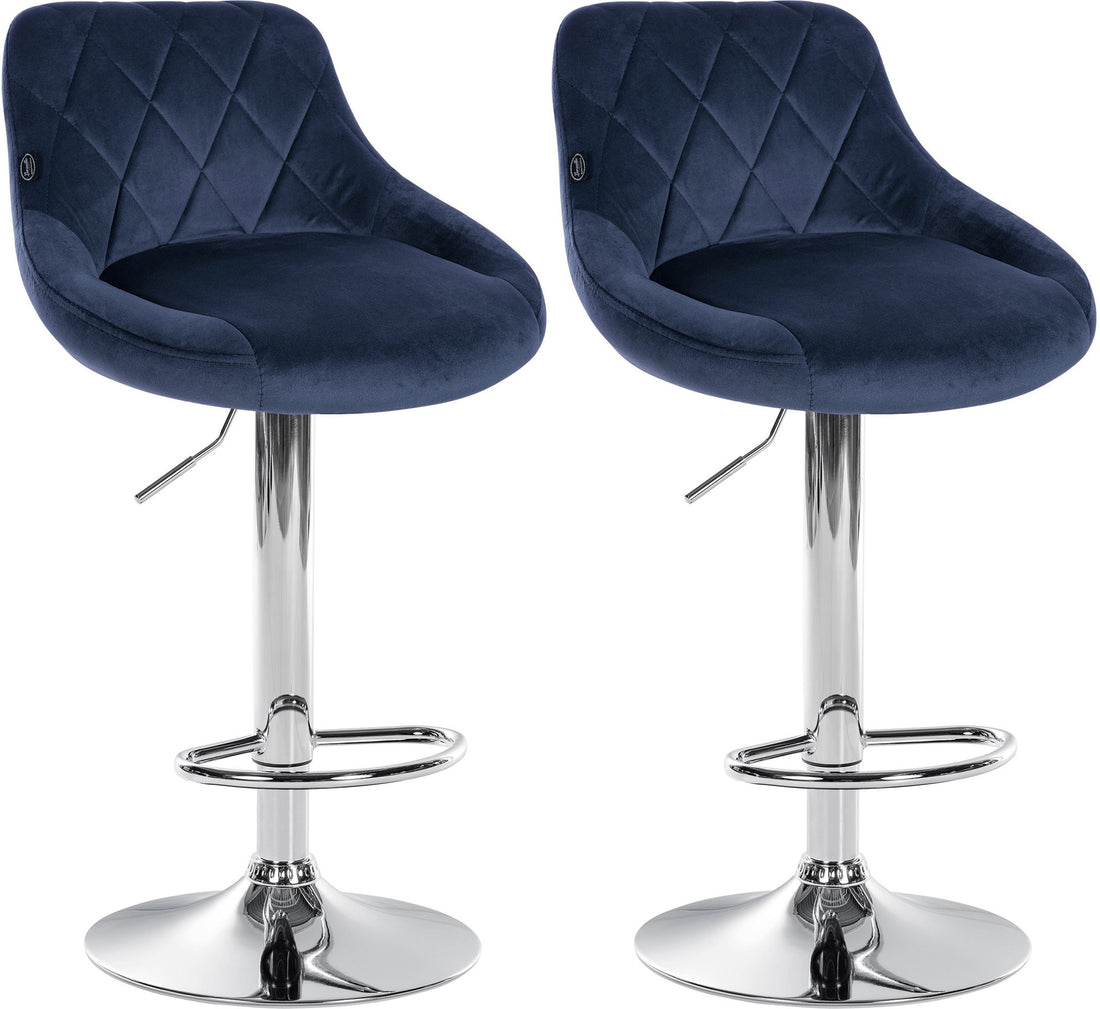 2-delige set Fluwelen Barkrukken - Barstoelen - Verstelbare Hoogte Kleur blauw Onderstel Kleur chroom