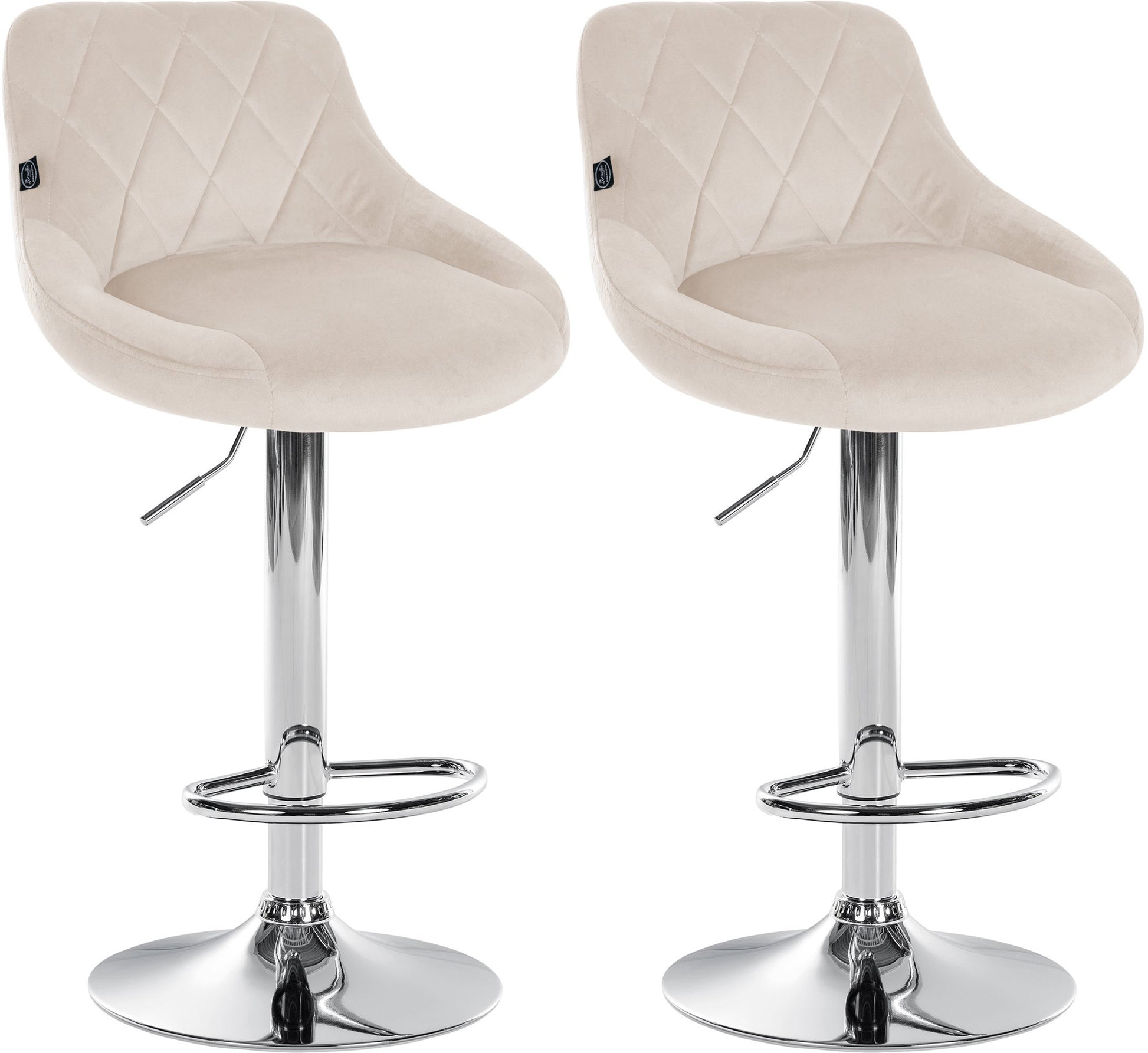 2-delige set Fluwelen Barkrukken - Barstoelen - Verstelbare Hoogte Kleur crème Onderstel Kleur chroom