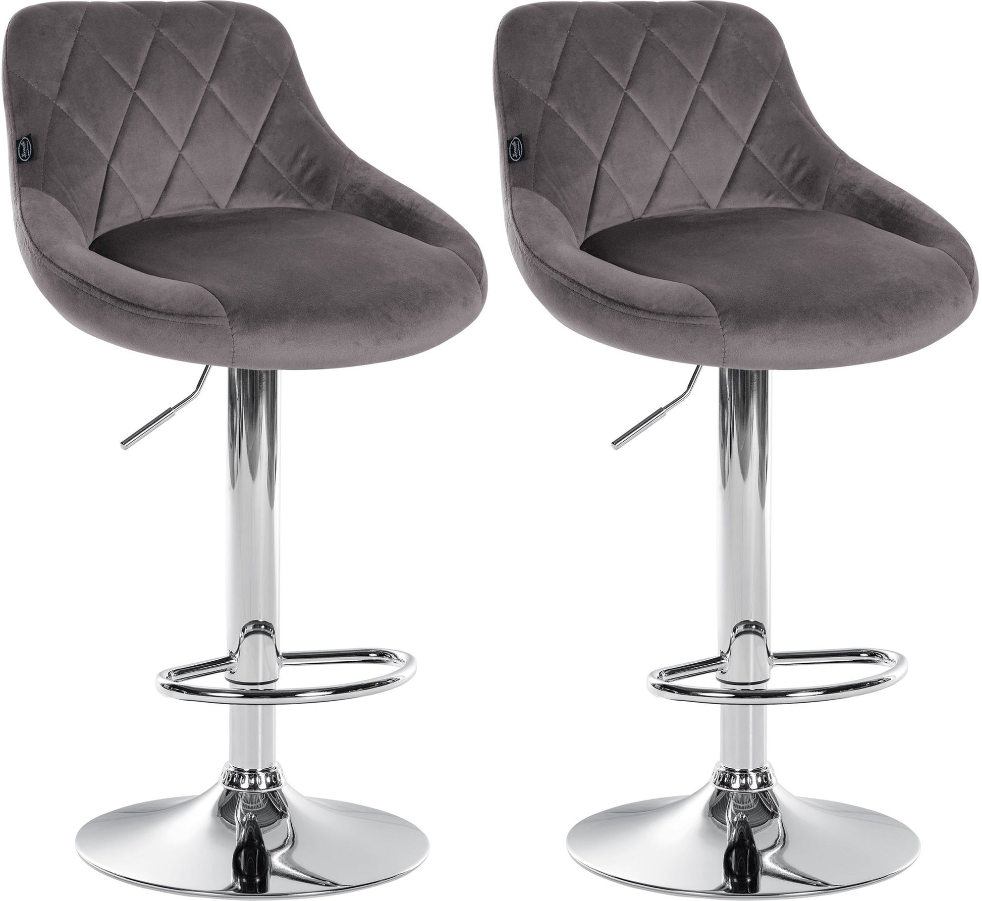 2-delige set Fluwelen Barkrukken - Barstoelen - Verstelbare Hoogte Kleur grijs Onderstel Kleur chroom