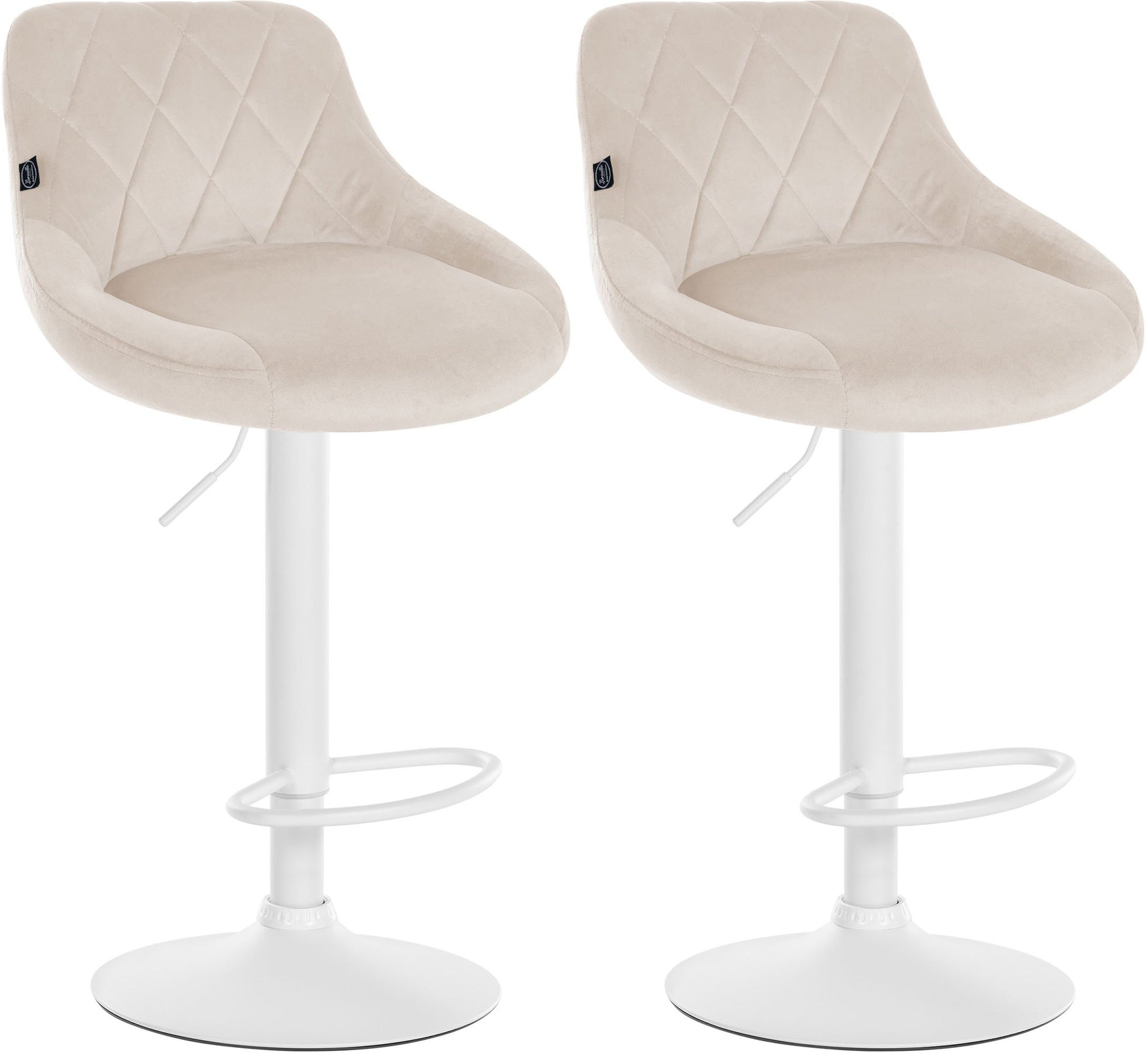 2-delige set Fluwelen Barkrukken - Barstoelen - Verstelbare Hoogte Kleur crème Onderstel Kleur wit