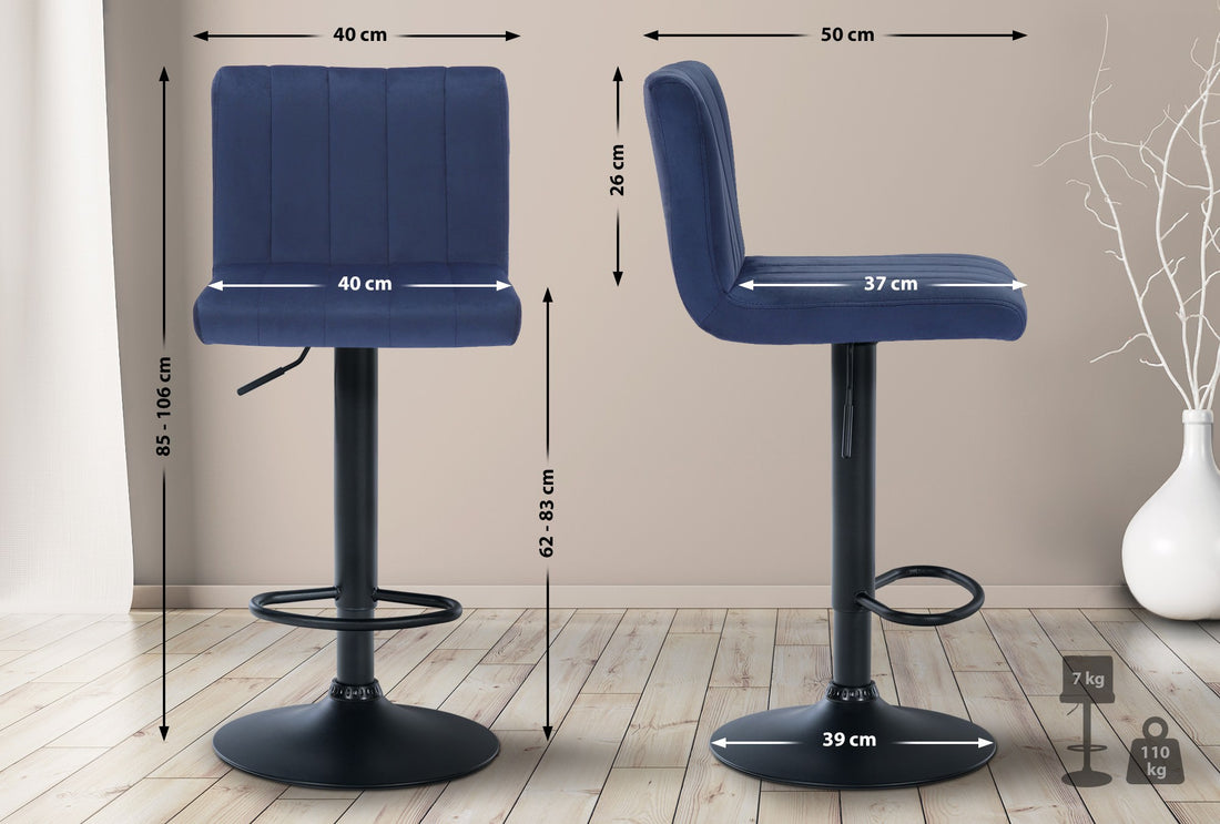 Set van 2 Fluwelen Barkrukken - Barstoelen - In Hoogte Verstelbaar Design Kleur blauw
