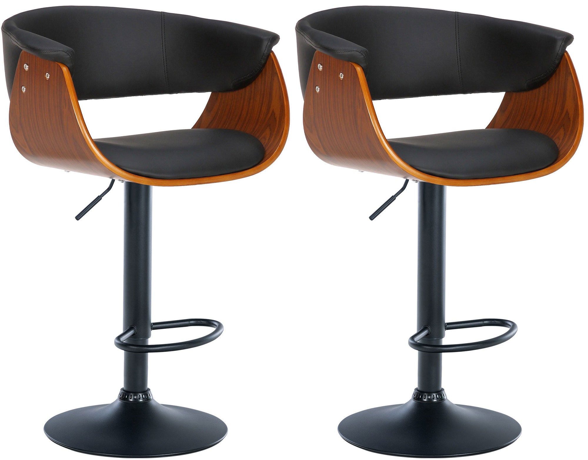 2-delige set Barkrukken - Houten Zitschaal - Comfortabel Verstelbaar en 360° Draaibaar Kleur walnoot/zwart Materiaal kunstleer
