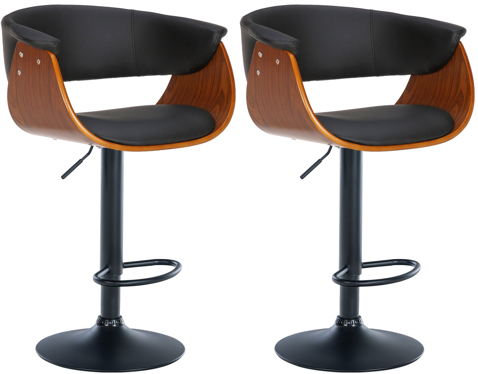 2-delige set Barkrukken - Houten Zitschaal - Comfortabel Verstelbaar en 360° Draaibaar Kleur walnoot/zwart Materiaal kunstleer