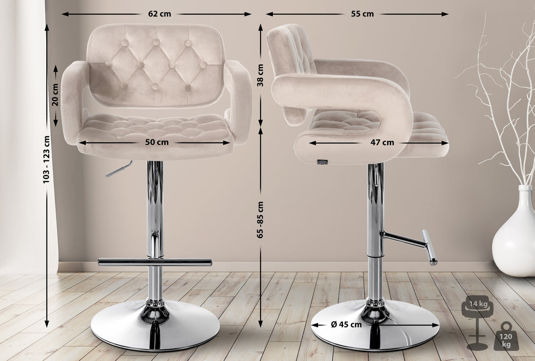 Barkruk Velvet - Fluwelen Stijl - Verstelbare Hoogte & Luxe Comfort Kleur crème