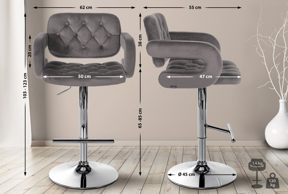 Barkrukken van Fluweel - Luxe Krukken - Hoogte Verstelbaar 65-85 cm voor Ultiem Comfort Kleur grijs