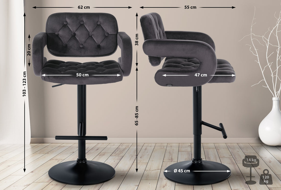 Velvet Barkruk - Fluwelen Stoel - Hoogte Verstelbaar, Stabiel Metalen Frame Kleur donkergrijs