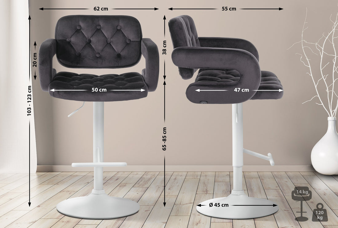 Velvet Barkruk - Fluwelen Stoel - Verstelbare Hoogte 65-85 cm, Luxe Comfort Kleur donkergrijs