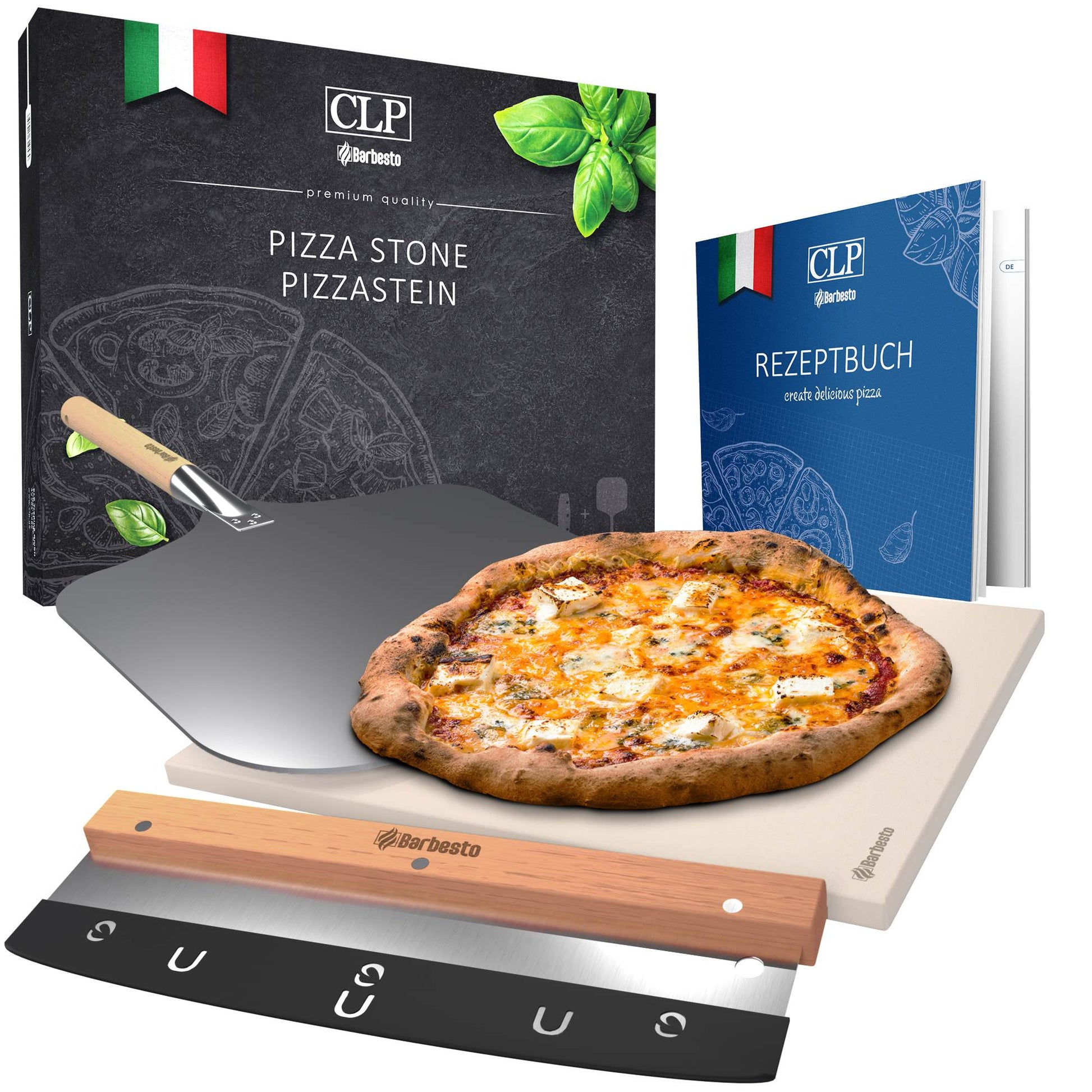 Pizzasteen-Set Cordieriet - Baksteen - Inclusief Pizzaschieber voor Krokante Bodems Inhoud set Pizzasteen+Snijder+Schieber
