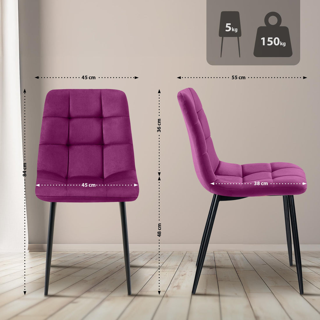 Gestoffeerde Eetkamerstoel - Fluwelen Stoel - Onderhoudsvriendelijk, Comfortabel Ontwerp Kleur paars