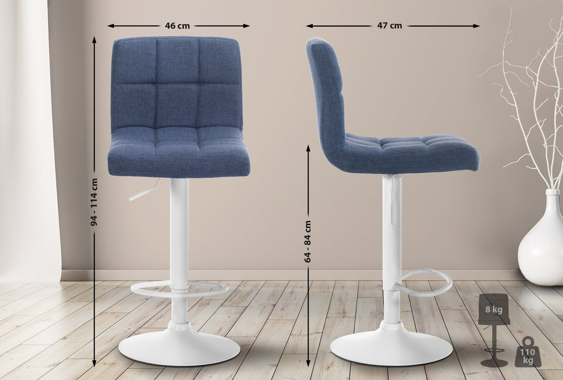2-delige set Gestoffeerde Barkrukken - Moderne Krukken - Traploos Verstelbaar en 360° Draaibaar Kleur blauw