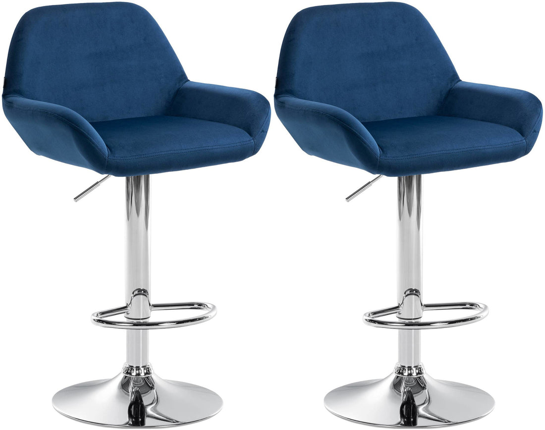 Set van 2 Barkrukken - Fluwelen Stoelen - Verstelbare Hoogte 360° Draaibaar Kleur blauw Materiaal onderstel Metaal in chroomlook
