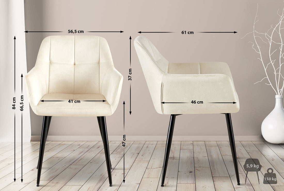 Set van 2 Fluwelen Eetkamerstoelen - Keukenstoelen - Hoog Comfort - Stevig Metaal Frame Kleur crème