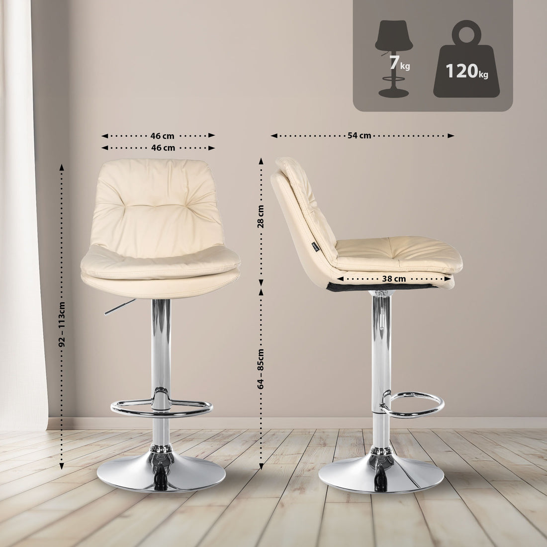 Barkruk Kunstleer - Design Barkstoel - Optimale Bewegingsvrijheid, Metaal Frame Kleur crème