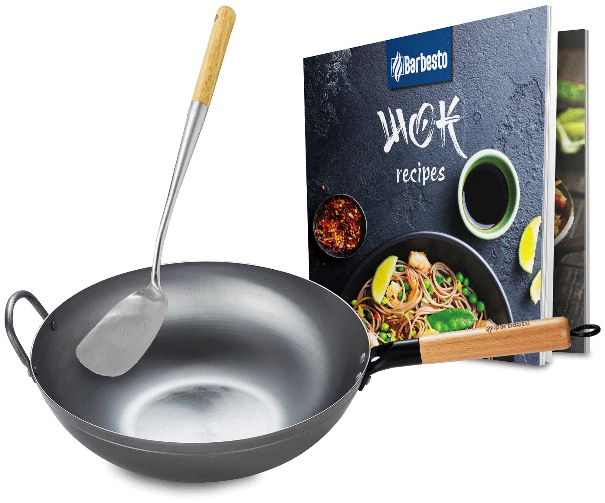 Wok Set - Handgehamerde Kookpan - Inductie en Gas Compatibel - Inclusief Receptenboek Form vlak