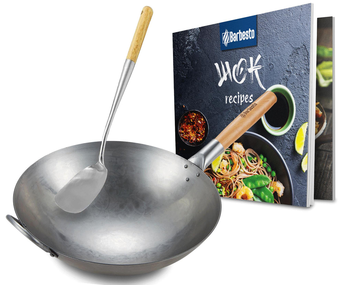 Wok Set - Handgehamerde Kookpan - Inductie en Gas Compatibel - Inclusief Receptenboek Form vlak
