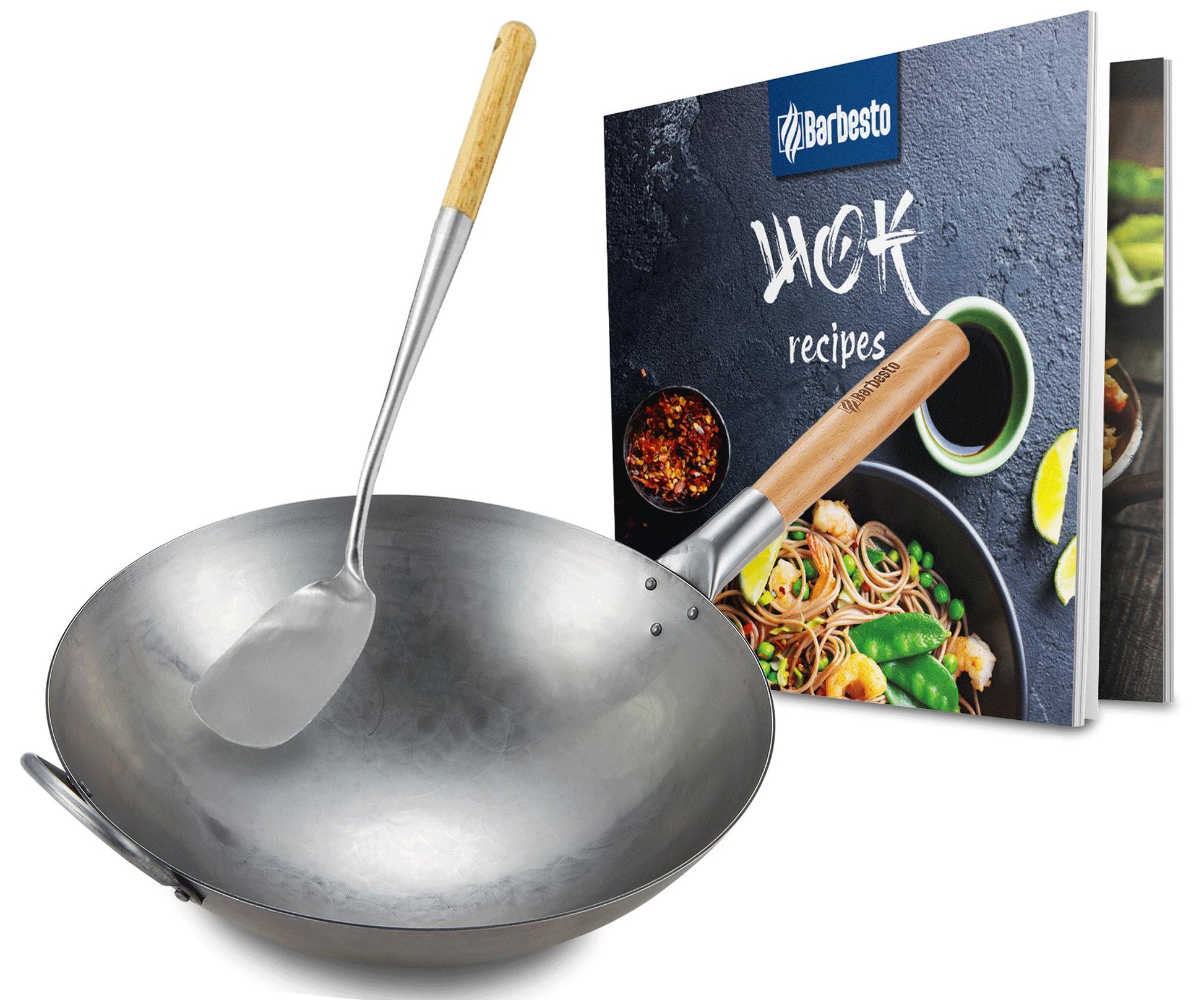 Wok Set - Handgehamerde Kookpan - Inductie en Gas Compatibel - Inclusief Receptenboek Form rondom