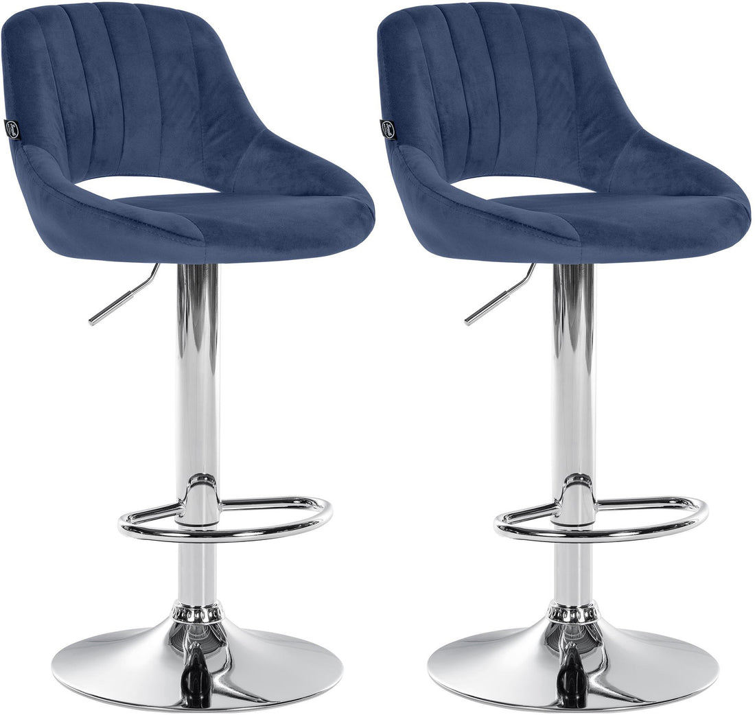 2-delige Set Fluwelen Barkrukken - Velvet - In Hoogte Verstelbaar, 360-graden Draaibaar Kleur blauw Materiaal onderstel Metaal in chroomlook