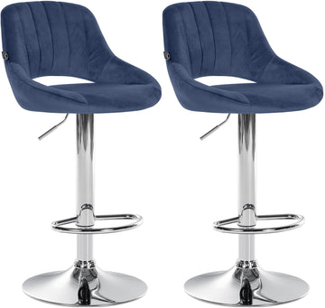 2-delige Set Fluwelen Barkrukken - Velvet - In Hoogte Verstelbaar, 360-graden Draaibaar Kleur blauw Materiaal onderstel Metaal in chroomlook