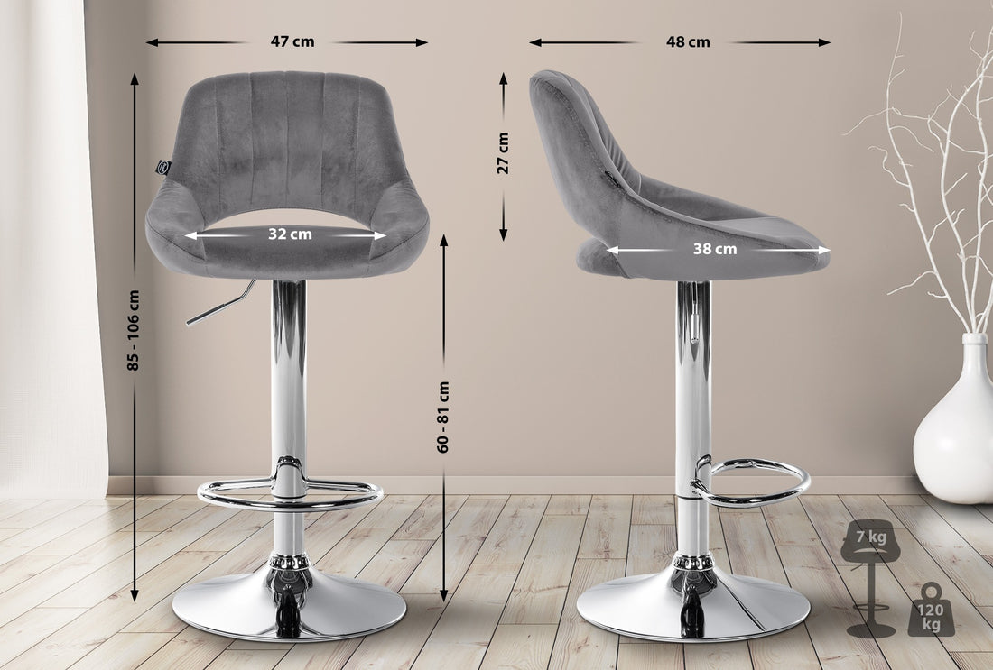 Set van 2 Fluwelen Barkrukken - Moderne Krukken - Verstelbaar en 360° Draaibaar Kleur donkergrijs