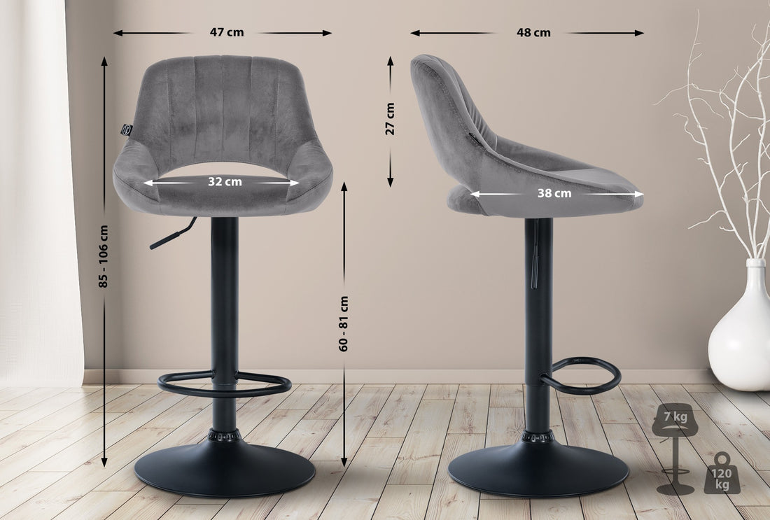 Set van 2 Fluwelen Barkrukken - Keukenkrukken - Verstelbare Hoogte & Draaifunctie Kleur donkergrijs