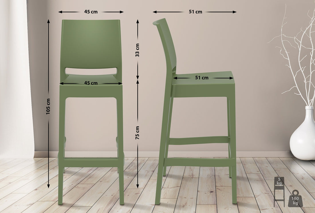 Set van 2 Barkrukken - Barstoelen - Weerbestendig en Stapelbaar Design Kleur olijf