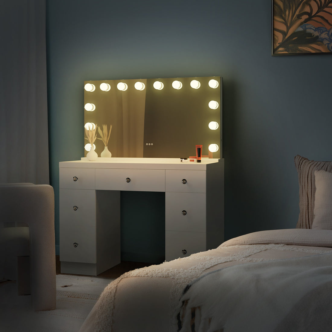 Witte Make-up Tafel - Kaptafel - LED Verlichting, USB-Poorten Kleur wit