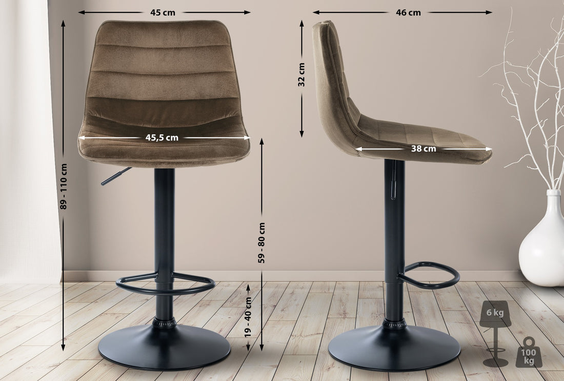 Set van 2 Fluwelen Barkrukken - Barstoelen - Hoogte Verstelbaar en 360° Draaibaar Kleur bruin