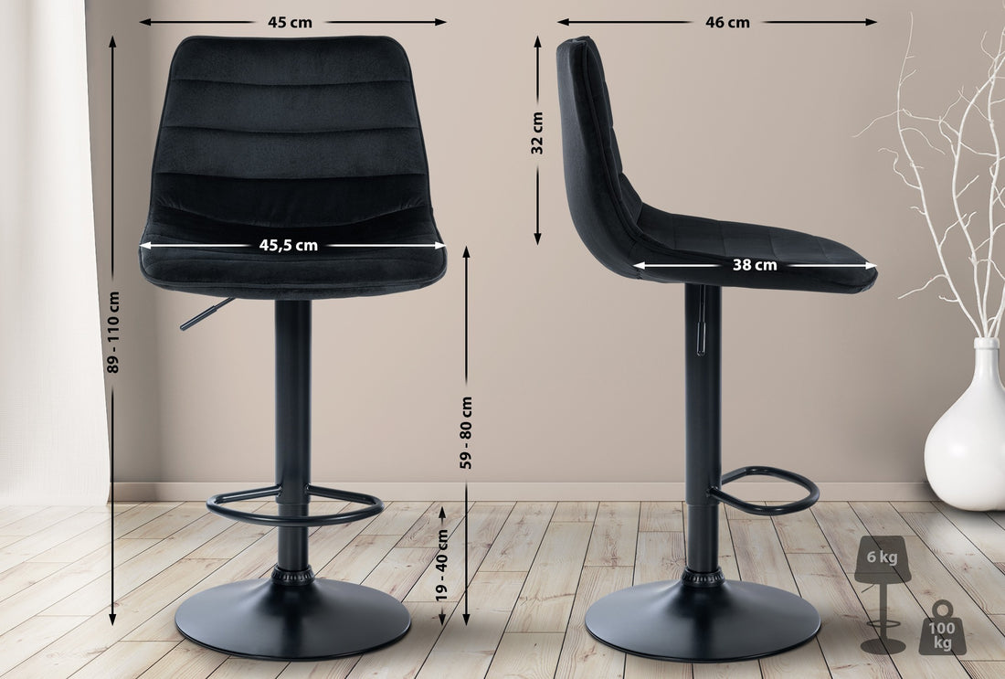 Set van 2 Fluwelen Barkrukken - Ergonomische Design - Optimaal Comfort - Traploos Verstelbaar Kleur zwart