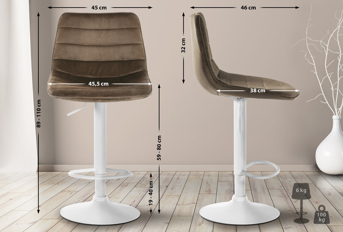 Set van 2 Fluwelen Barkrukken - Barstoelen - Hoogte verstelbaar, Tijdloos Ontwerp Kleur bruin