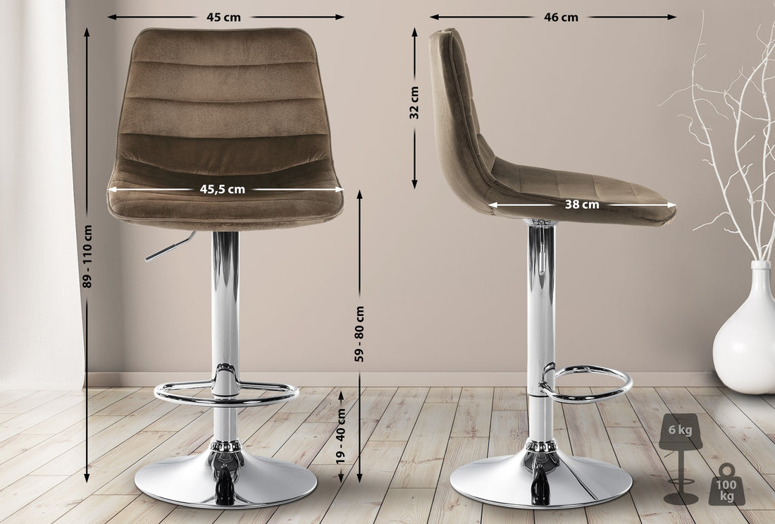 Set van 2 Fluwelen Barkrukken - Velvet Stijl - Traploos Verstelbaar, Stabiel Ontwerp Kleur bruin