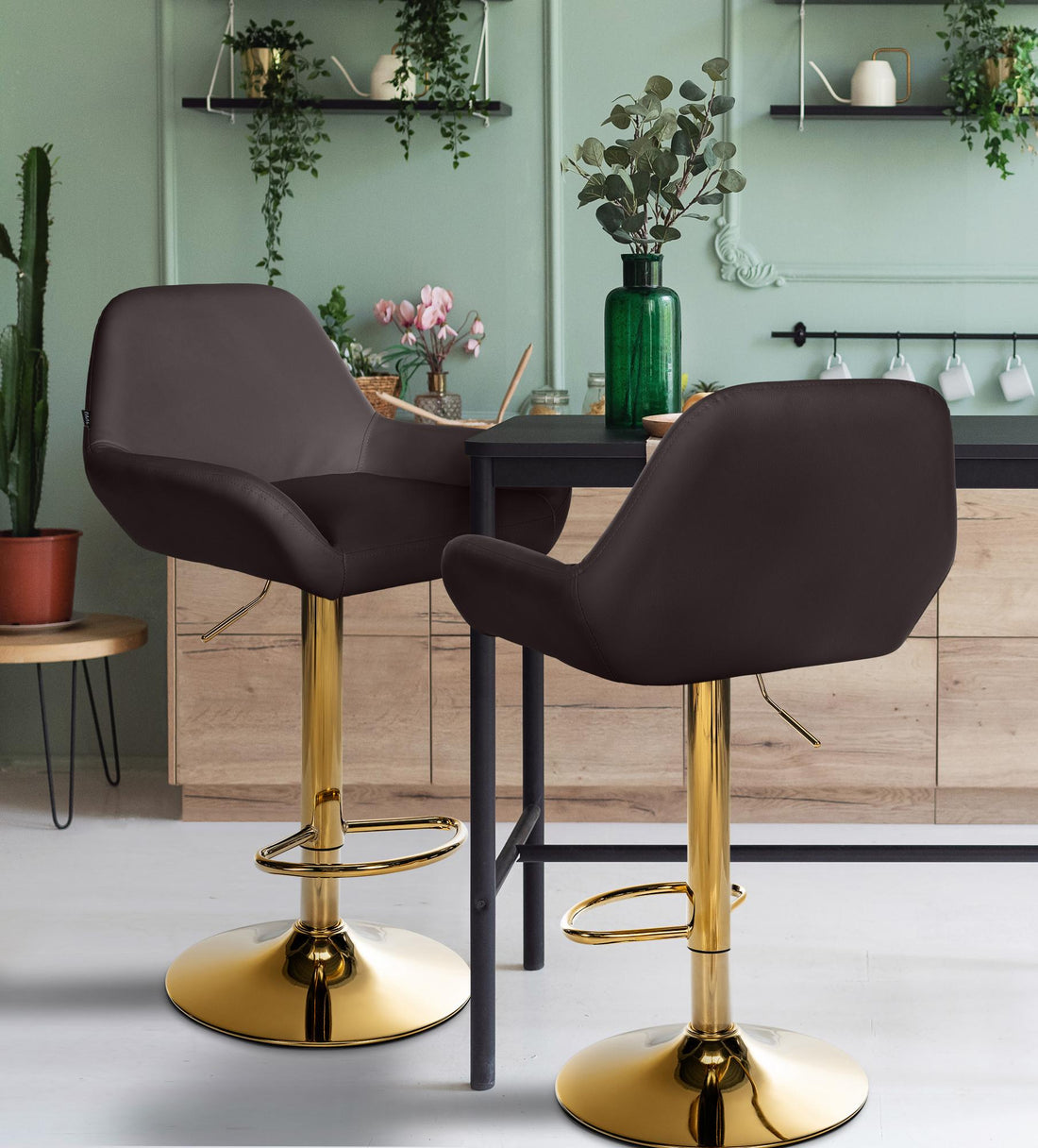 Set van 2 Gouden Barkrukken - Kunstleder - Hoog Zitcomfort, Verstelbare Hoogte Kleur bruin