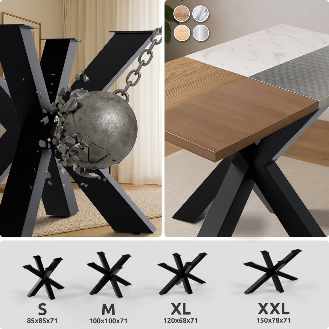 Industriële tafelpoten zwart, onderstel - Stervorm, 300 kg draagkracht, verstelbare voeten Kleur zwart