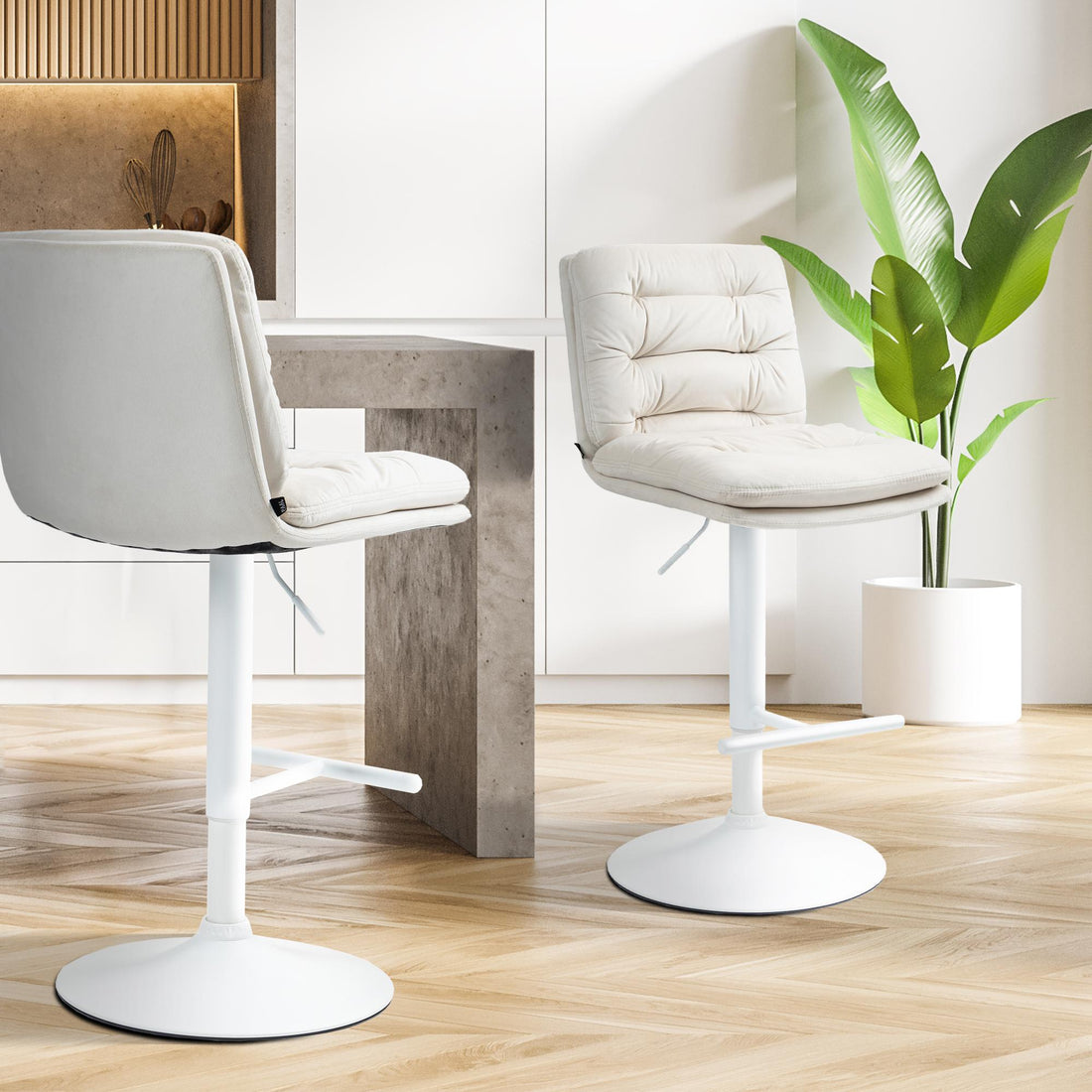 2-delige Set Moderne Barkrukken - Fluwelen Krukken - Verstelbaar Frame Kleur crème