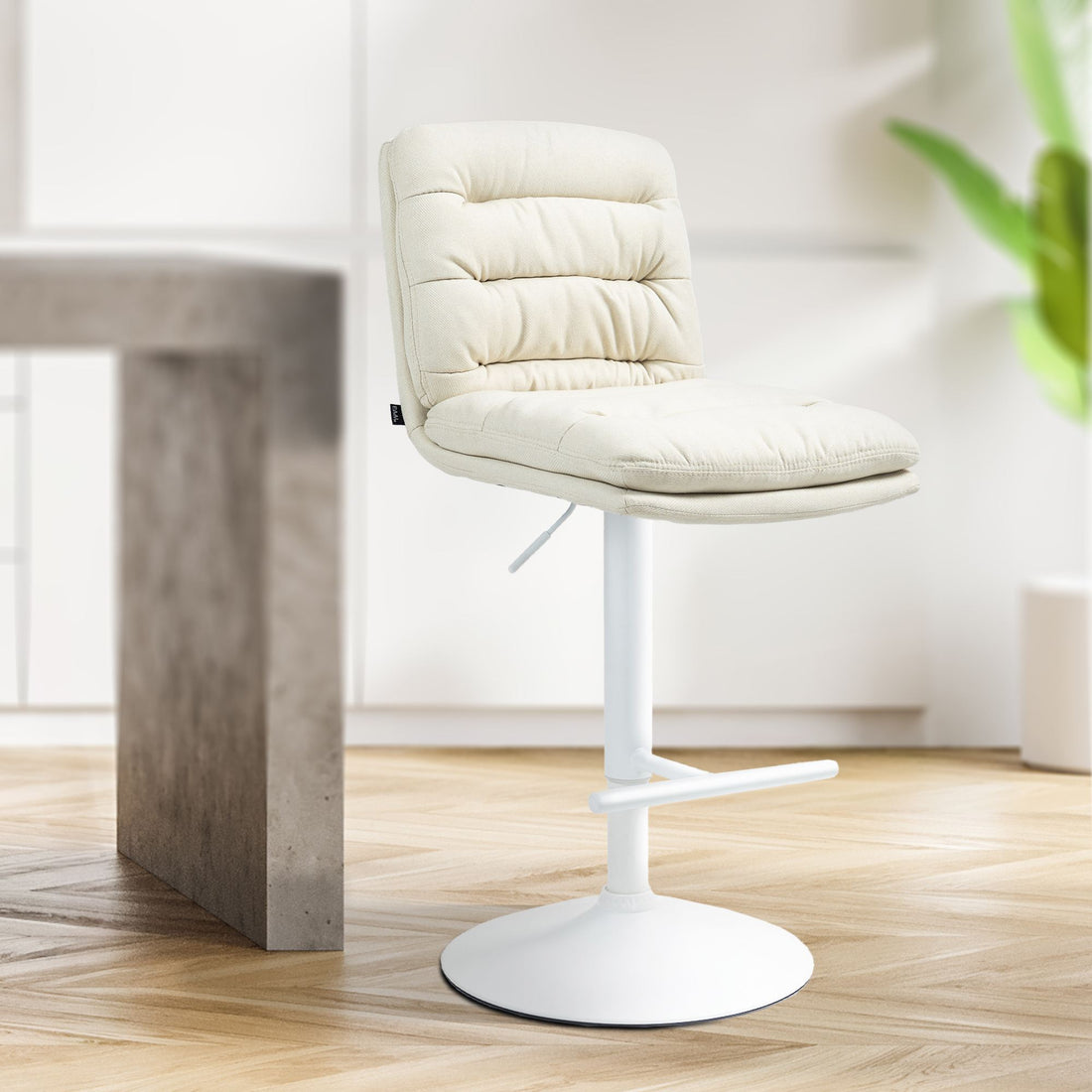 Set van 2 Barkrukken - Stoelen - Comfortabele Stoffen Bekleding, Verstelbaar en Draaibare Zitting Kleur crème