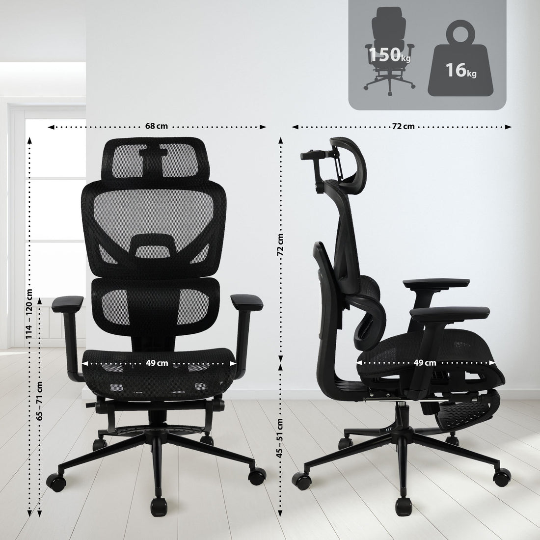 Bureaustoel Ergonomisch Design - Kantoorstoel - Uitklapbare Voetensteun Kleur zwart