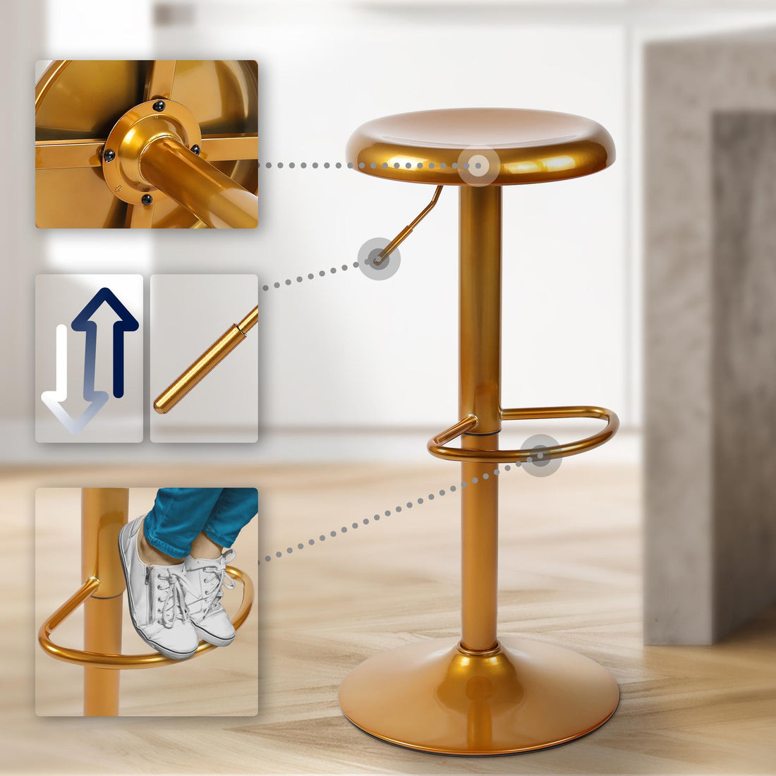 Barkruk Goud - Luxe Hoge Kruk - Verstelbare Hoogte & 360° Draaibaar Kleur goud