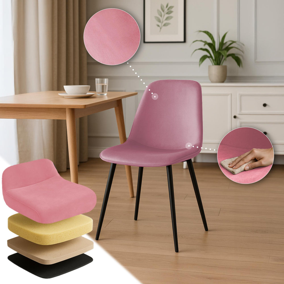 Eetkamerstoel - Comfortabele Zitting - Fluweel of Textiel - Met Vloerbeschermers Kleur roze (licht)